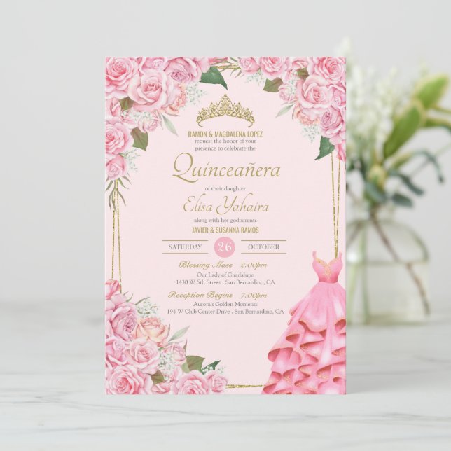 Soft Rosa ros  och Guld Blommigt Quinceañera Inbjudningar (Stående Fram)