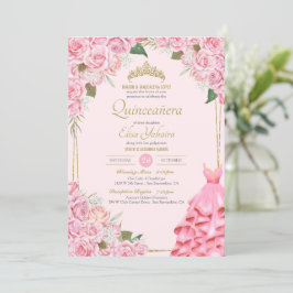 Soft Rosa ros  och Guld Blommigt Quinceañera Inbjudningar