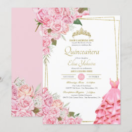 Soft Rosa ros  och Guld Blommigt Quinceanera Inbjudningar