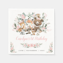 Soft Rosa ros Woodland Animals Girl 1st Birthday Pappersservett