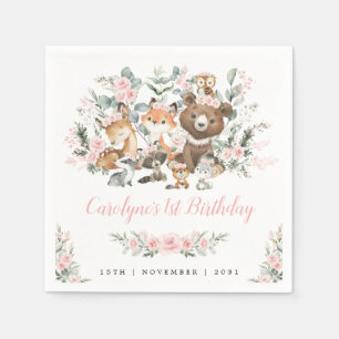 Soft Rosa ros Woodland Animals Girl 1st Birthday Pappersservett