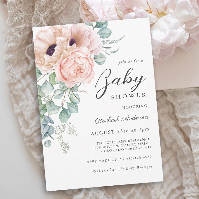 Soft Rosa Watercolor Blommigt Girl Baby Shower Inbjudningar (Available as printed and paperless digital download!)