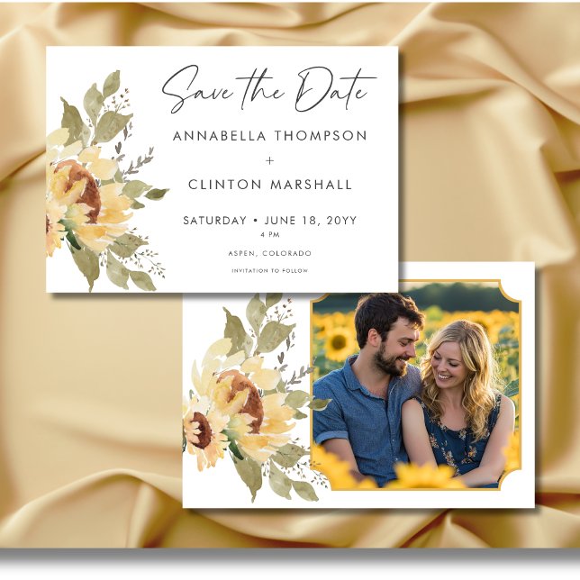 Soft Rustic Large Boho Sunblommor Bröllop Photo Spara Datumet (Soft Rustic Large Boho Sunflowers Wedding Photo Save the Date Card)