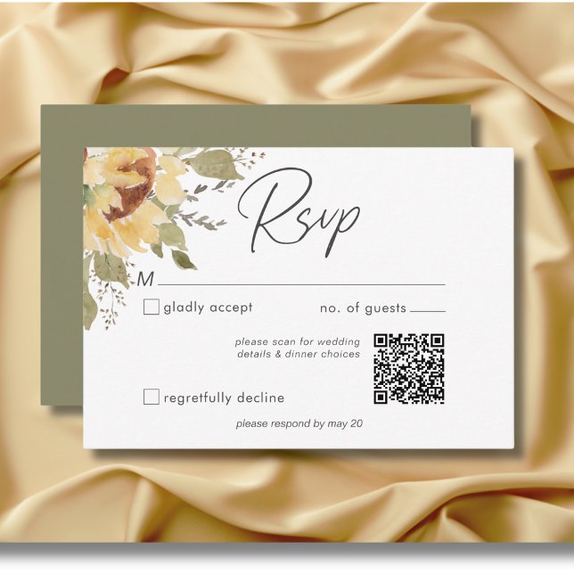 Soft Rustic Large Boho Sunwers Bröllop QR-kod OSA Kort (Soft Rustic Large Boho Sunflowers Wedding QR code RSVP Card)