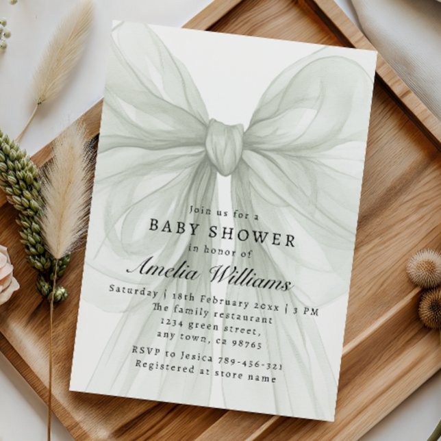 Soft Sage Bow Elegant Neutral Baby Shower Inbjudningar (Skapare uppladdad)