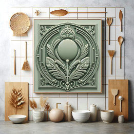 Soft Sage Green Art Deco Symmetric Botanical Motif Kakelplatta