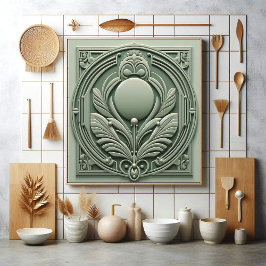 Soft Sage Green Art Deco Symmetric Botanical Motif Kakelplatta