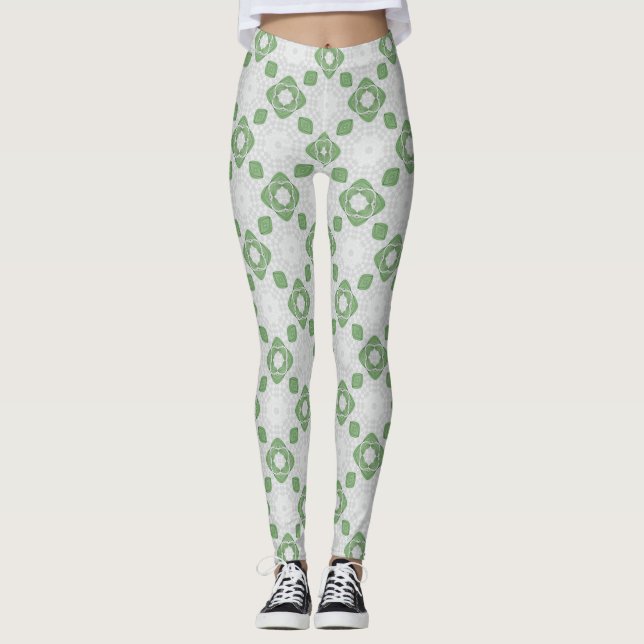 Soft Sage Green Floral Geometric Pattern Leggings (Framsida)