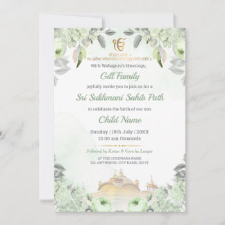 Soft Sage Green Floral Sukhmani Sahib Path Invite Inbjudningar