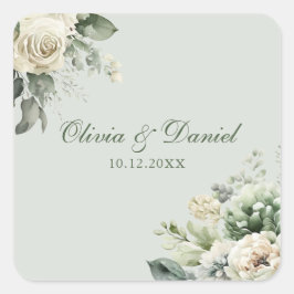 Soft Sage Green Floral Wedding Sticker Fyrkantigt Klistermärke