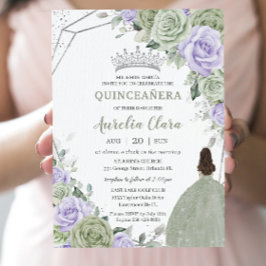 Soft Sage Grönt Lila Blommigt Silver Quinceañera Inbjudningar
