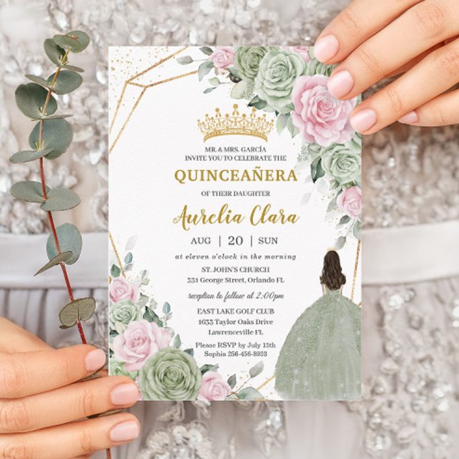 Soft Sage Grönt Rosa Blommigt Guld Quinceañera Inbjudningar (Skapare uppladdad)