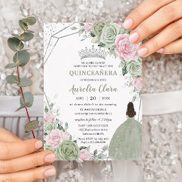 Soft Sage Grönt Rosa Blommigt Silver Quinceañera Inbjudningar