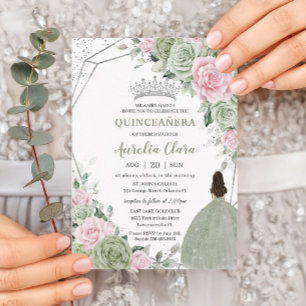 Soft Sage Grönt Rosa Blommigt Silver Quinceañera Inbjudningar