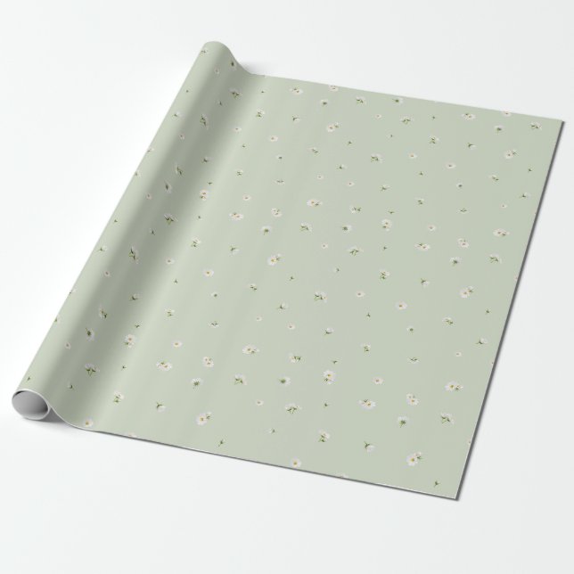 Soft Sage Japanese White Cosmos Floral Pattern Presentpapper (Utrullad)