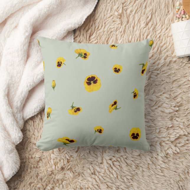 Soft Sage Yellow Japanese Pansy Floral Pattern Kudde (Filt)