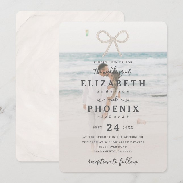 Soft Simple Pearl Bow Custom Photo Elegant Wedding Inbjudningar (Fram/baksida)