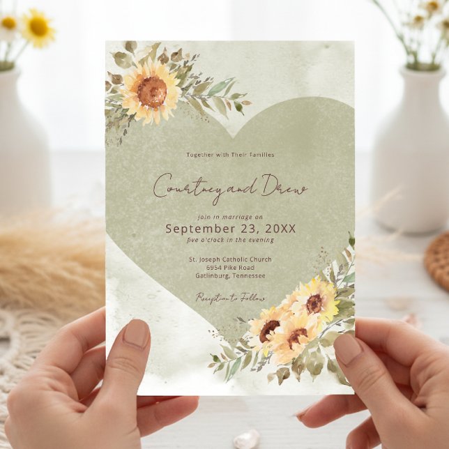 Soft Sunblommblommor Boho Heart Bröllop Inbjudningar (Soft Sunflowers Boho Heart Wedding Invitation)
