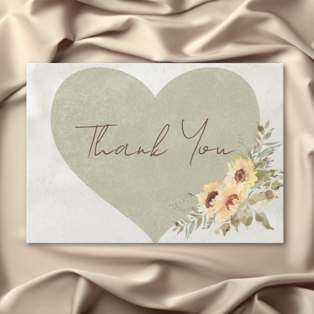 Soft Sunblommblommor Boho Heart Bröllop Tack Kort (Soft Sunflowers Boho Heart Wedding Thank You Card)