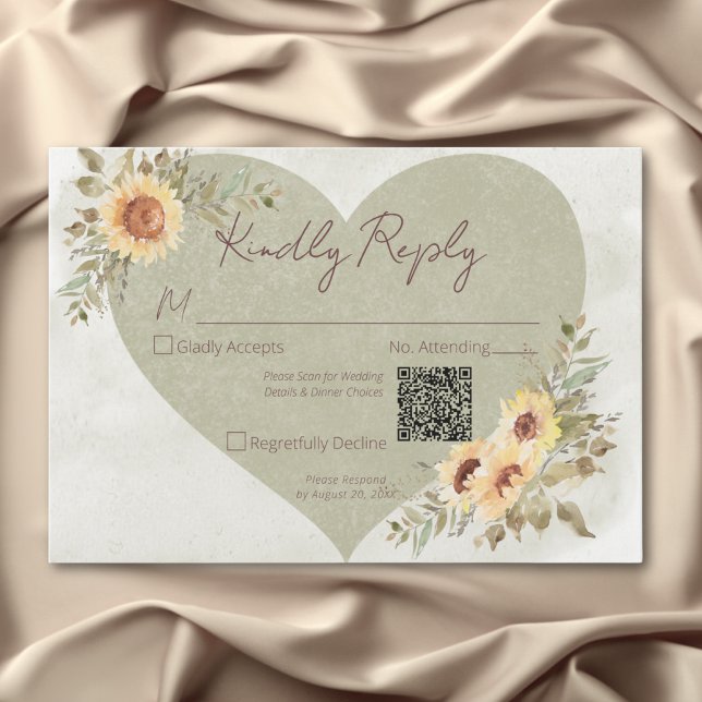 Soft Sunblommor Boho Heart Bröllop QR-kod OSA Kort (Soft Sunflowers Boho Heart Wedding QR Code RSVP Card)
