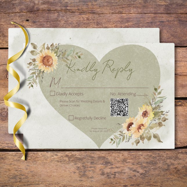 Soft Sunblommor Boho Heart Bröllop QR-kod OSA Kort (Soft Sunflowers Boho Heart Wedding QR Code RSVP Card)