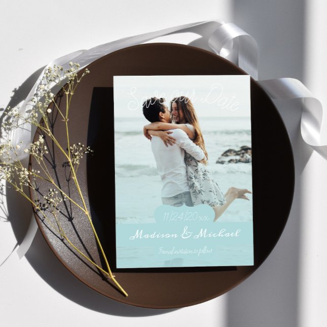 Soft Teal Banner Photo Spara datum meddelande Inbjudningar (Soft Teal Banner Photo Save the Date)