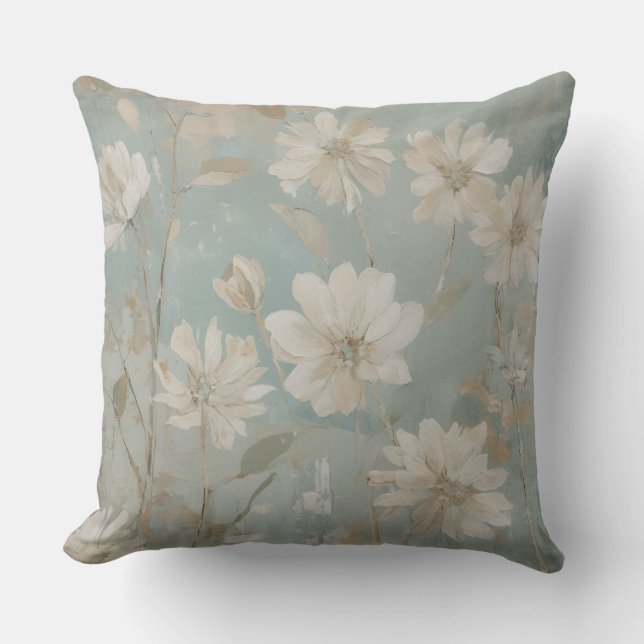 Soft Teal Beige Sage Cream Blommigt Kudde (Framsida)