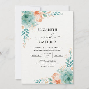 Soft Teal Peach Botanical Arch Bröllop Inbjudningar