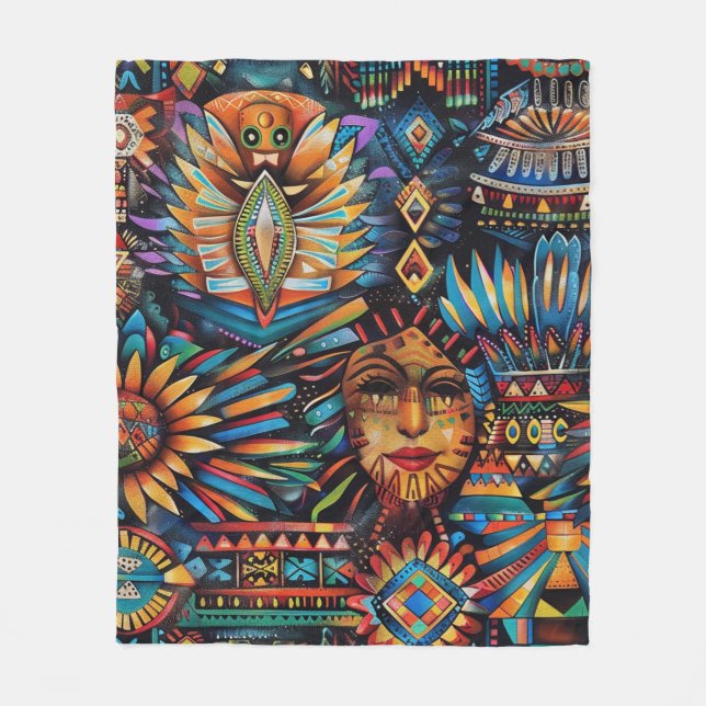 Soft Teal ’Pre Columbian Tapestry’ Mysiga Ull Bla Fleecefilt (Framsidan)