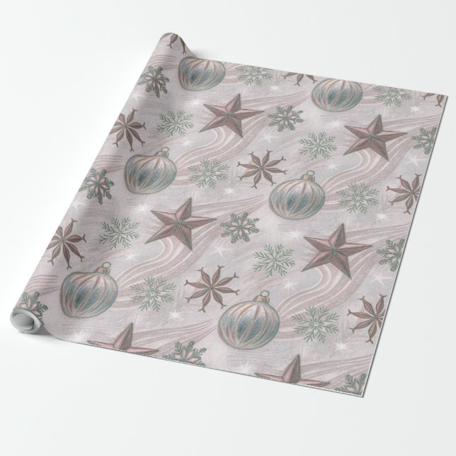 Soft Vintage Winter Ornaments & Snowflakes Presentpapper (Utrullad)
