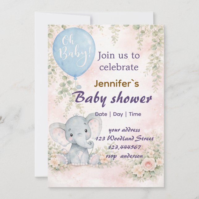 soft water colour floral teddy bear  Invitation Inbjudningar (Framsida)