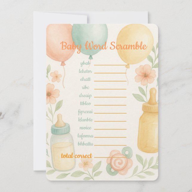 Soft Watercolor Baby Shower Word Scramble Game Inbjudningar (Framsida)