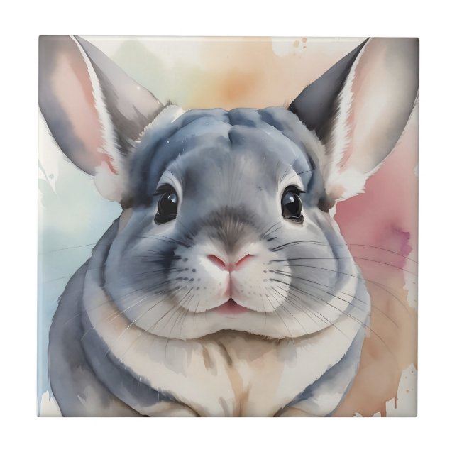 Soft Watercolor Chinchilla Porträtt Kakelplatta (Framsidan)