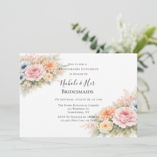 Soft Watercolor Floral Bridesmaids Luncheon Inbjudningar (Stående Fram)