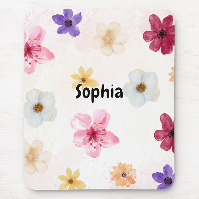 Soft Watercolor Floral Personalized Name Mousepad Musmatta (Framsidan)