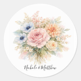 Soft Watercolor Floral Wedding Runt Klistermärke