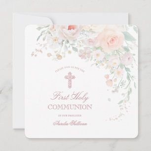 Soft Watercolor Flowers First Communion Inbjudningar