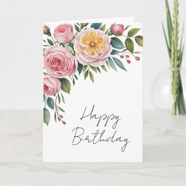 Soft watercolor roses birthday card kort (Framsida)
