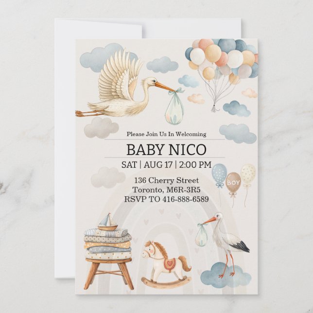 Soft Watercolor Stork Baby Shower Invitation Inbjudningar (Framsida)