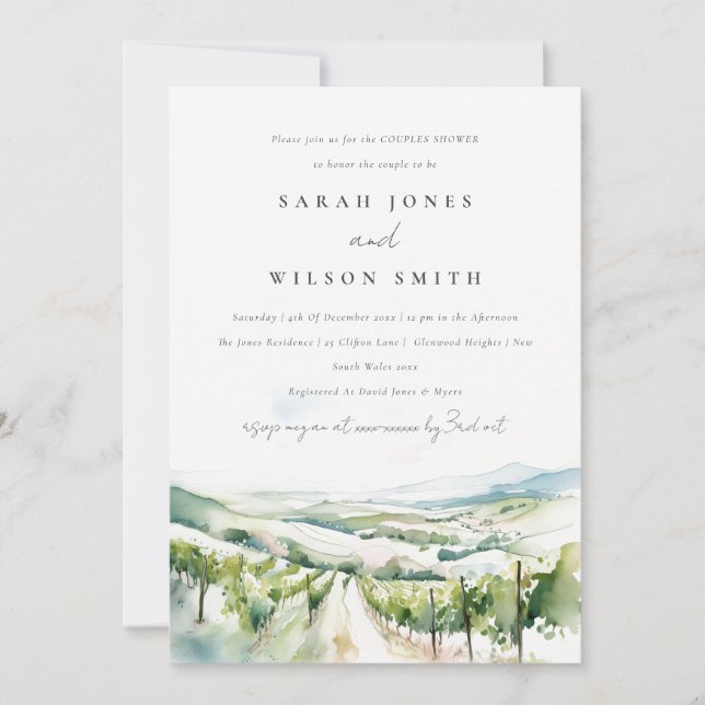 Soft Watercolor Vineyard Landscape Couples Shower Inbjudningar (Framsida)