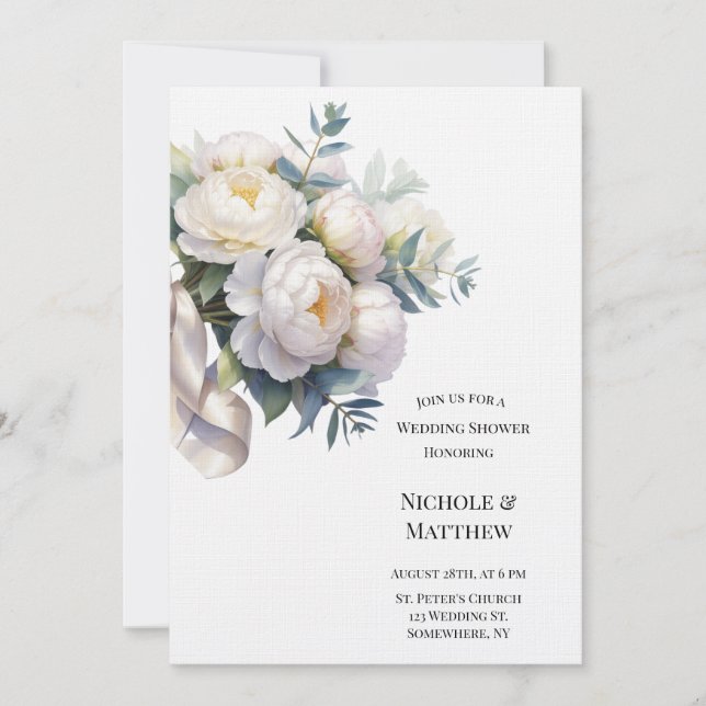 Soft White Peony with Eucalyptus Wedding Shower Inbjudningar (Framsida)