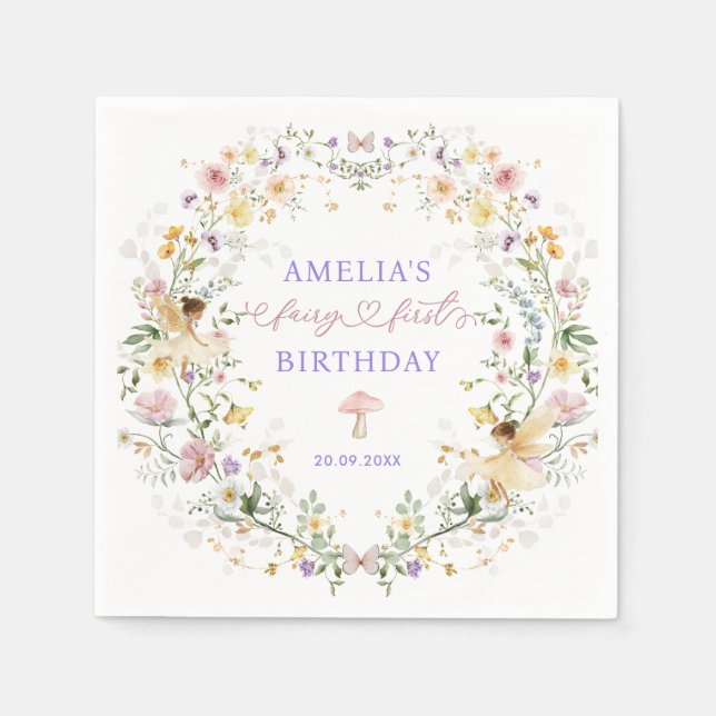 Soft Wildblomma Fairy First Birthday Party Pappersservett (Framsidan)