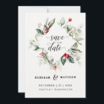 Soft Winter Berry jul Bröllop | Foto Spara Datumet<br><div class="desc">Denna känsliga vattenfärgad bukett har traditionell färg, grönt av skog, oliv grönt och kranberröd på ljusvit. Ord Save the Date finns i ett handskrivet stil. Bron och groomerna namn visas direkt nedan med de återstående uppgifterna om bröllop direkt nedanför. All text kan redigeras till kostym efter evenemangets behov. Baksidan innehåller...</div>