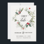 Soft Winter Berry jul Bröllop | Foto Spara Datumet<br><div class="desc">Denna känsliga vattenfärgad bukett har traditionell färg, grönt av skog, oliv grönt och kranberröd på ljusvit. Ord Save the Date finns i ett handskrivet stil. Bron och groomerna namn visas direkt nedan med de återstående uppgifterna om bröllop direkt nedanför. All text kan redigeras till kostym efter evenemangets behov. Baksidan innehåller...</div>