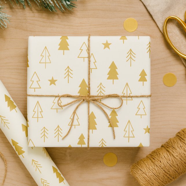 Soft Winter Trees Wrapping Paper Presentpapper (Ivory tones with taupe pines and soft stars for calm winter packaging)