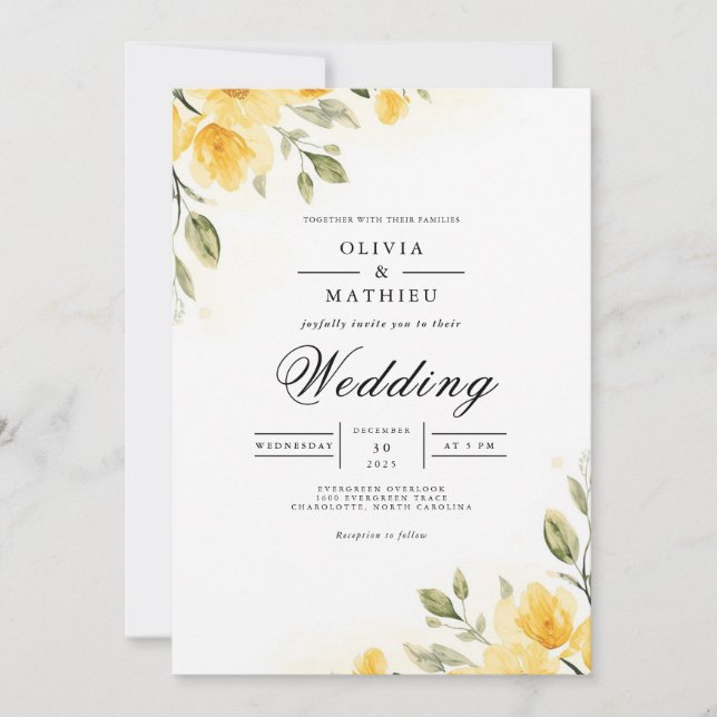 Soft Yellow Botanical Flourish Wedding Inbjudningar (Framsida)