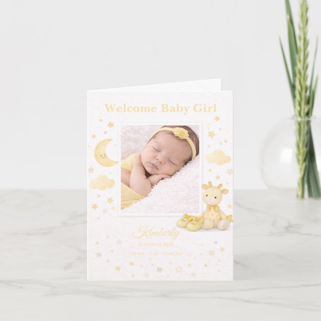 Soft Yellow Elephant Baby Girl Birth Announcement Kort (Framsida)