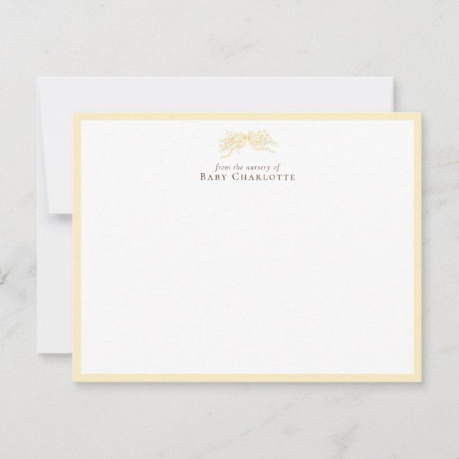Soft Yellow Floral Bow Nursery Note Card  Anteckningskort (Framsida)