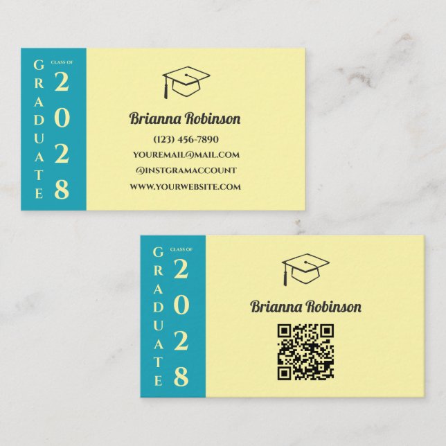 Soft Yellow Modern Graduation QR Code Name Card (Fram/baksida)