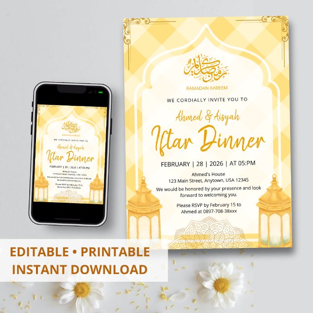 Soft Yellow Plaid Iftar Invitation Watercolor Inbjudningar (Skapare uppladdad)